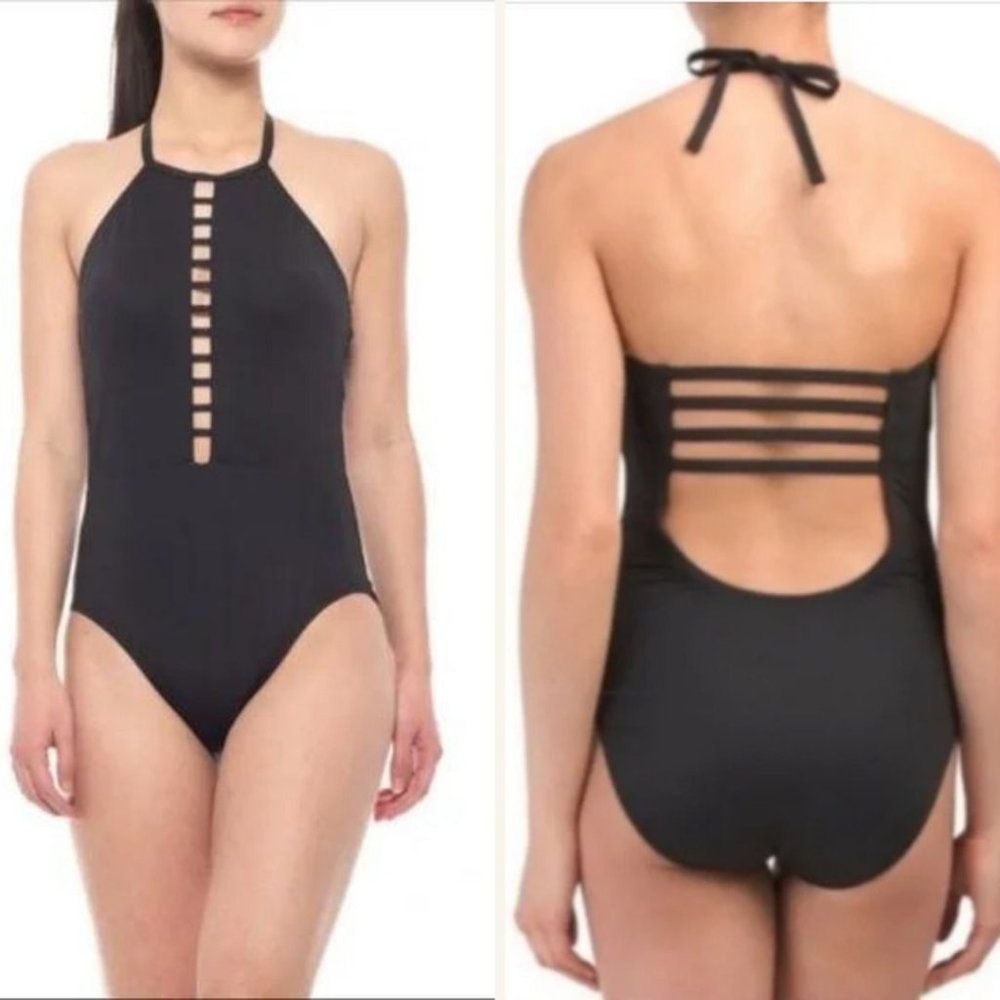 La Blanca Womens One Piece Halter Swim Suit sz 8 Strappy Hi Neck Keyhole Bathing